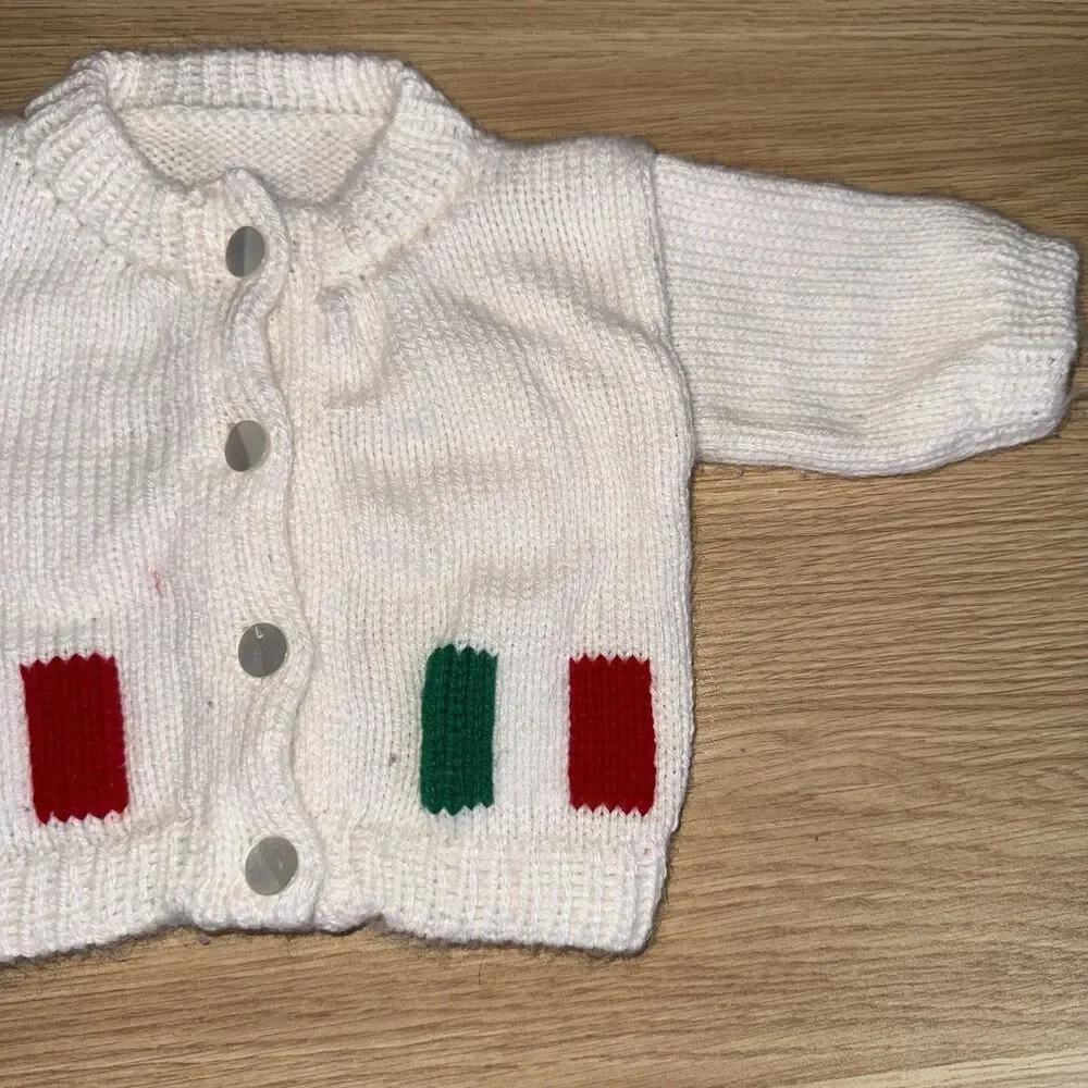 Vintage Hand Knit Baby Cardigan Sweater White Red Green Italian Christmas Small